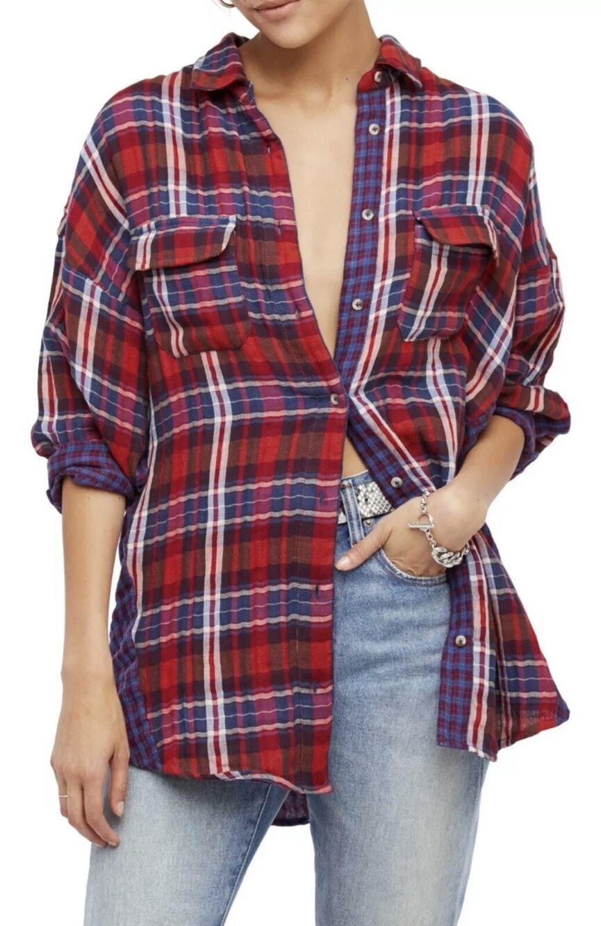 Free People Long Dolman Sleeve Plaid Oversized Purple Red Cotton Shirt Sz Small
